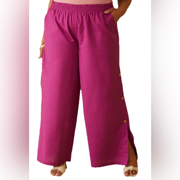 Ashley Stewart Pants Sz 18 Wooden Button Detailed Linen Blend Wide Leg Flare - Picture 1 of 8